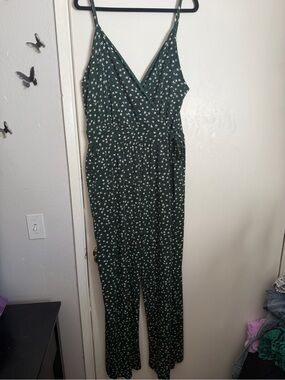 Dark Green Floral Wrap Jumpsuit with Tie Waist